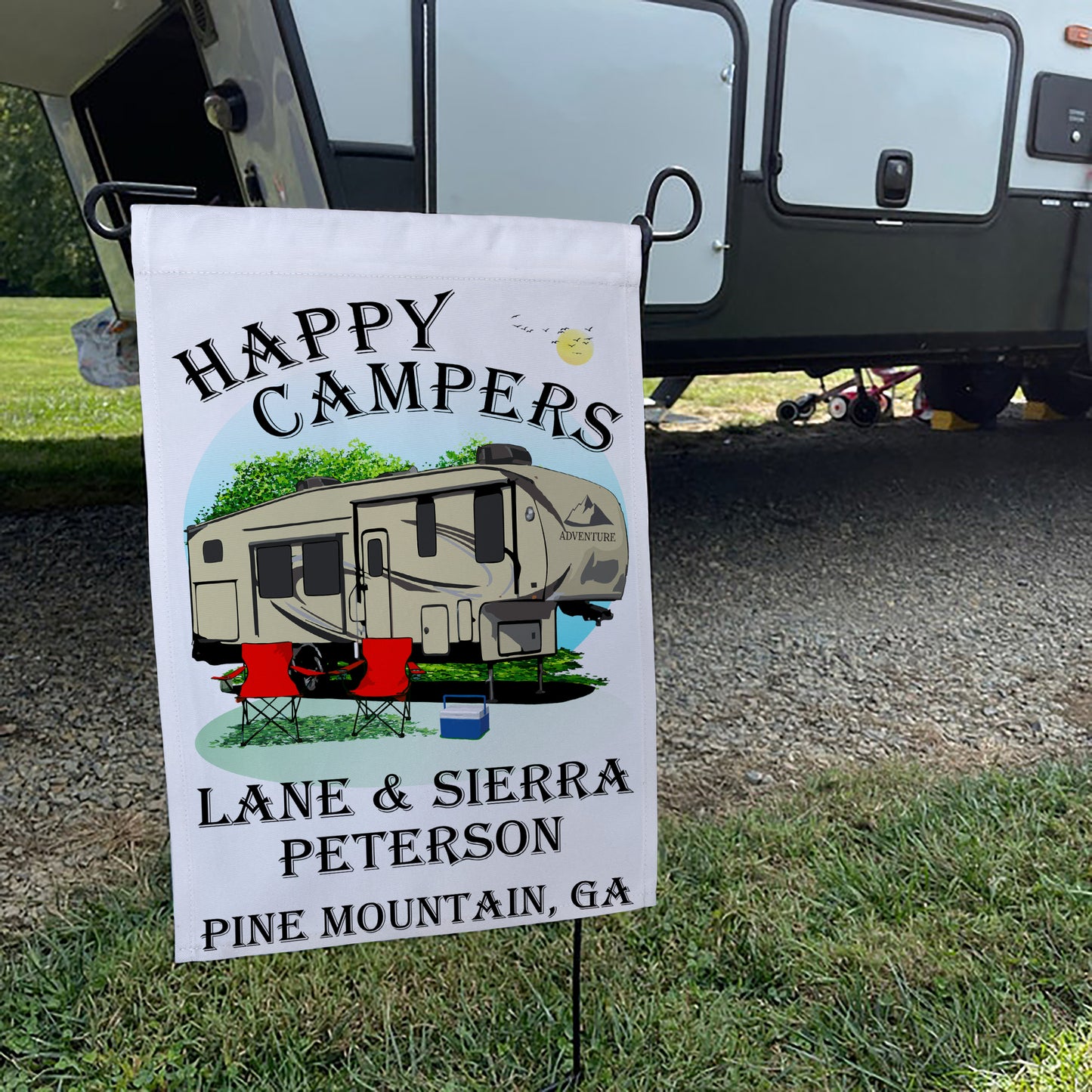 "Happy Campers" Personalized Camping Flag with 5th Wheel Trailer on White Fabric