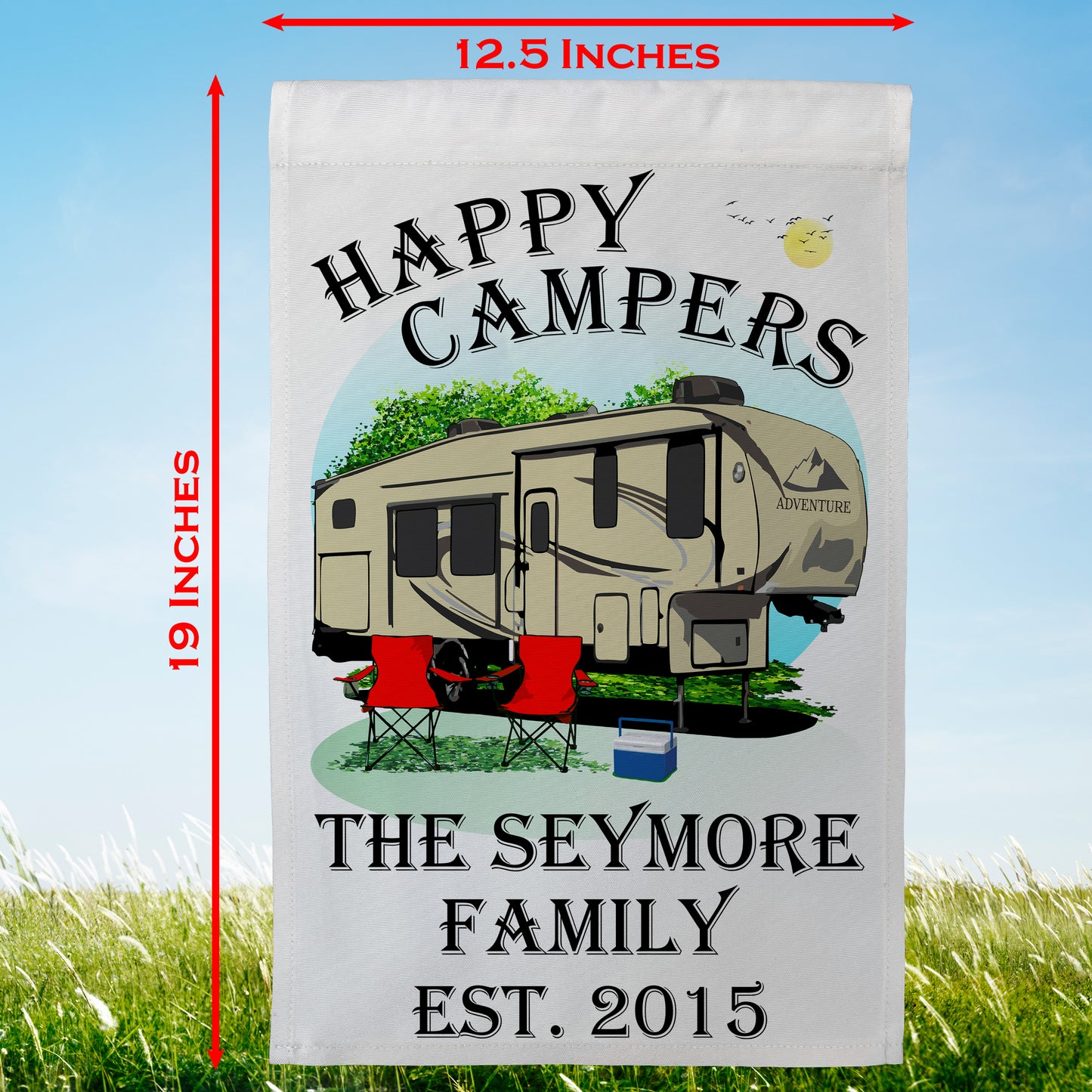 "Happy Campers" Personalized Camping Flag with 5th Wheel Trailer on White Fabric