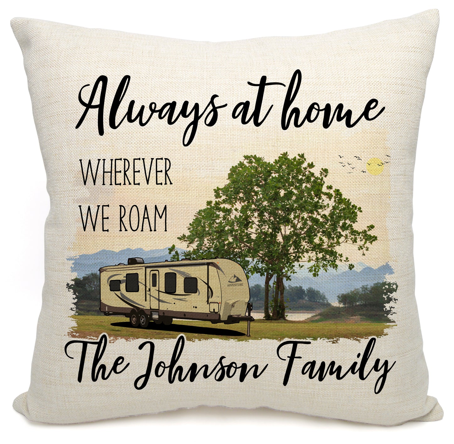 Always at Home Wherever We Roam Personalized Camping Pillow with Travel Trailer