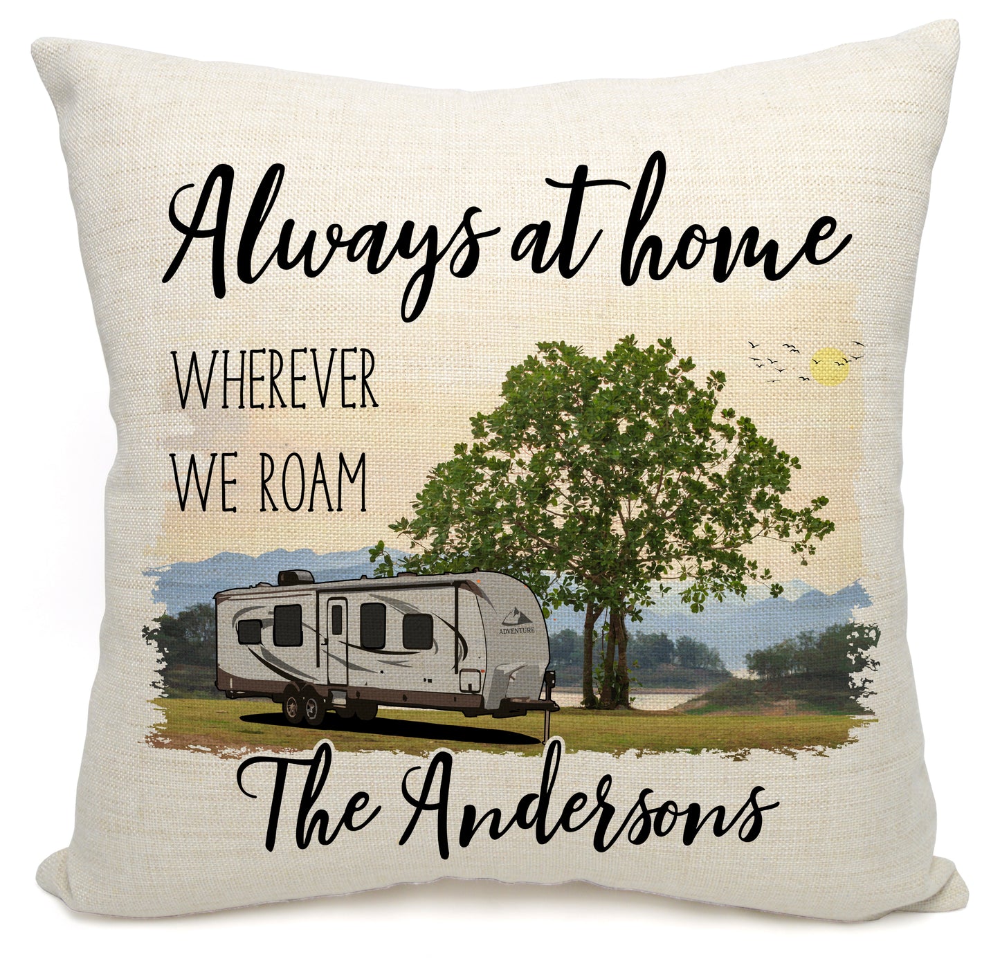 Always at Home Wherever We Roam Personalized Camping Pillow with Travel Trailer