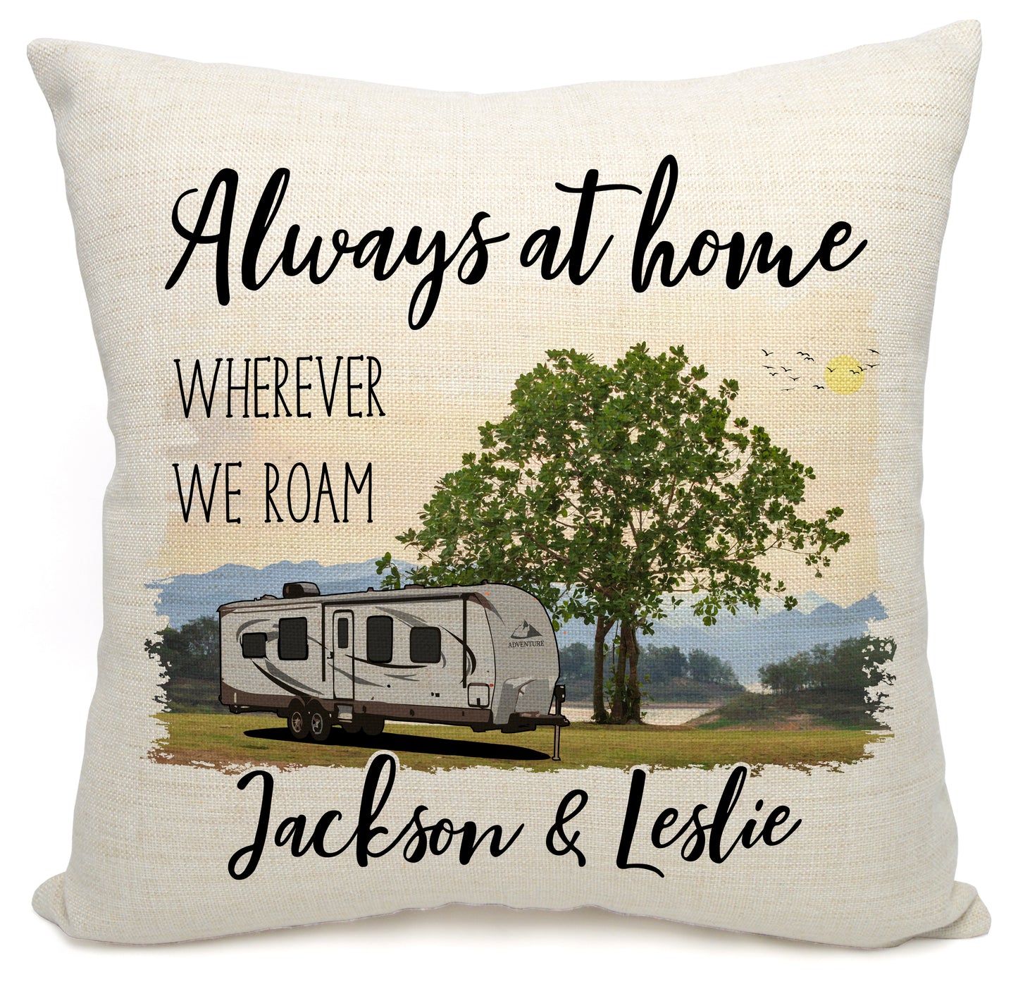 Always at Home Wherever We Roam Personalized Camping Pillow with Travel Trailer
