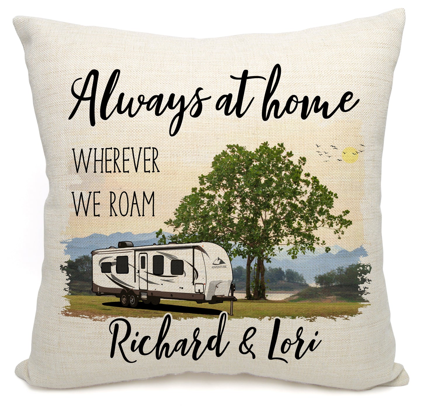 Always at Home Wherever We Roam Personalized Camping Pillow with Travel Trailer