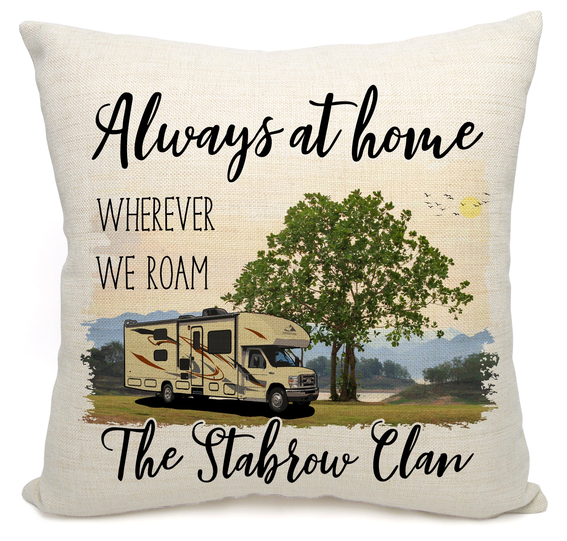 Always at Home Wherever We Roam Personalized Camping Pillow with Class C Motorhome