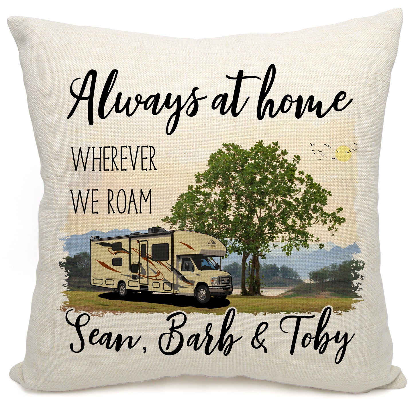 Always at Home Wherever We Roam Personalized Camping Pillow with Class C Motorhome