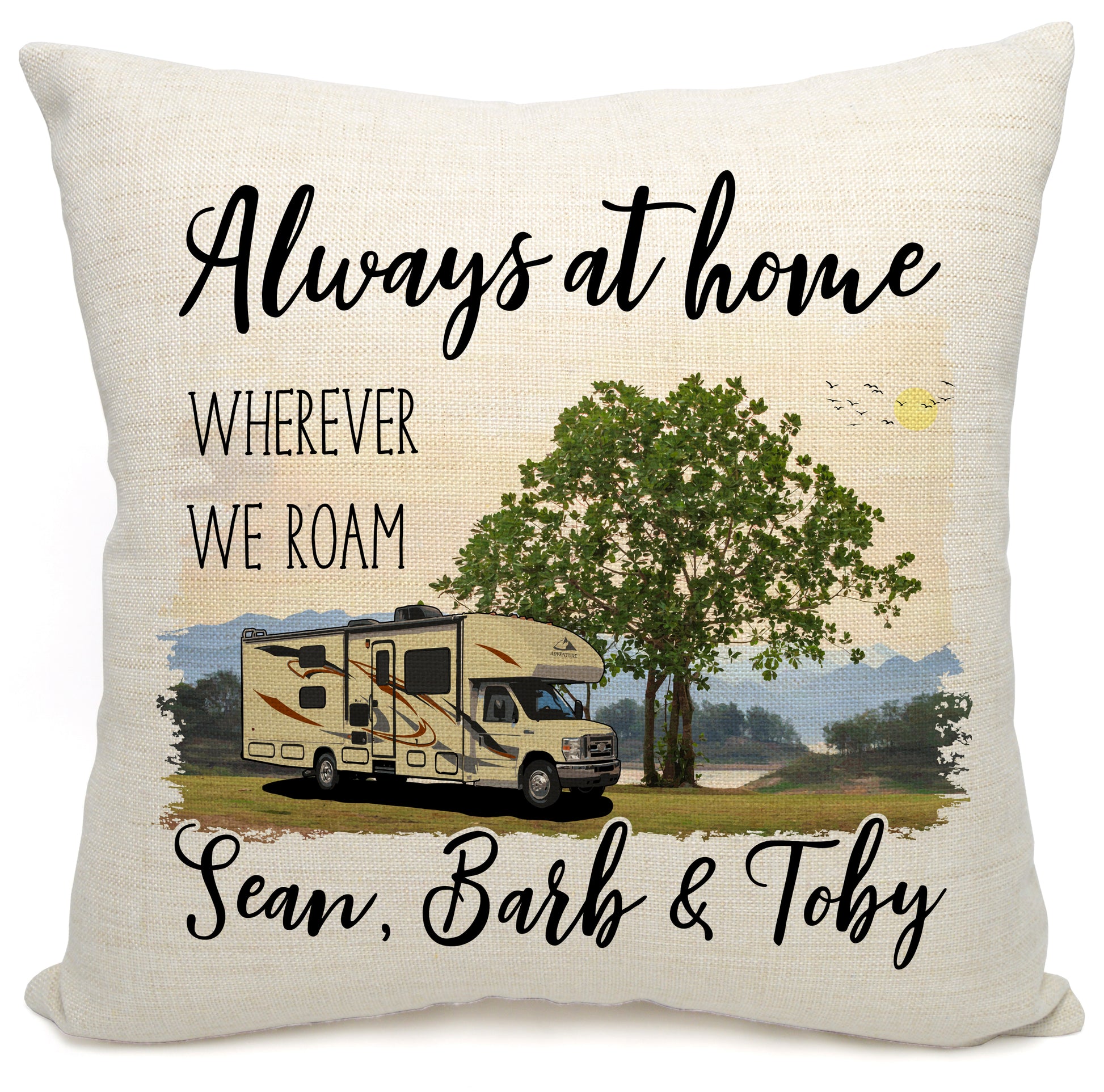 Always at Home Wherever We Roam Personalized Camping Pillow with Class C Motorhome