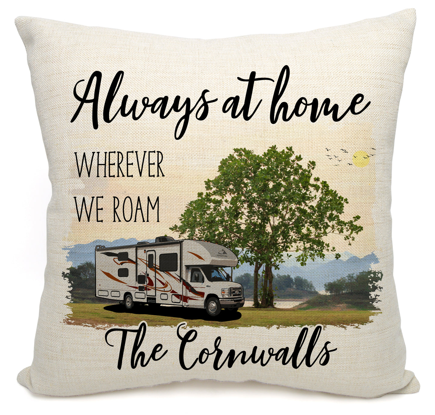 Always at Home Wherever We Roam Personalized Camping Pillow with Class C Motorhome