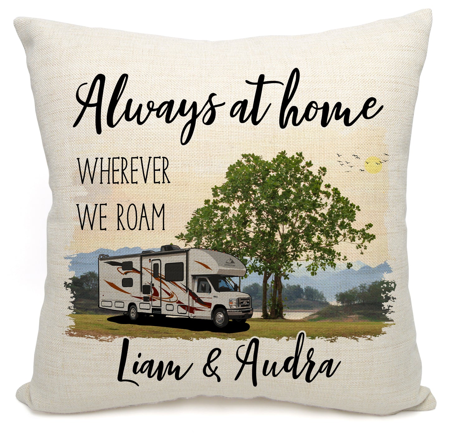 Always at Home Wherever We Roam Personalized Camping Pillow with Class C Motorhome