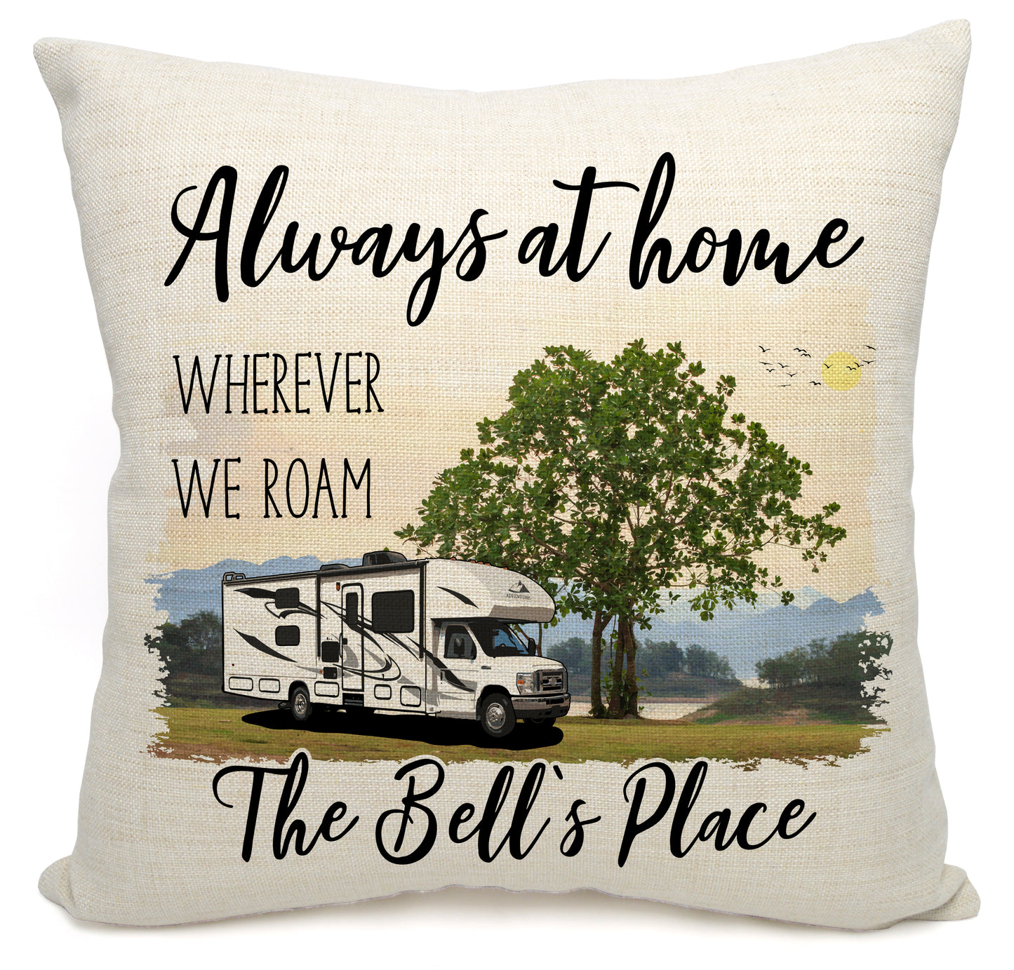 Always at Home Wherever We Roam Personalized Camping Pillow with Class C Motorhome