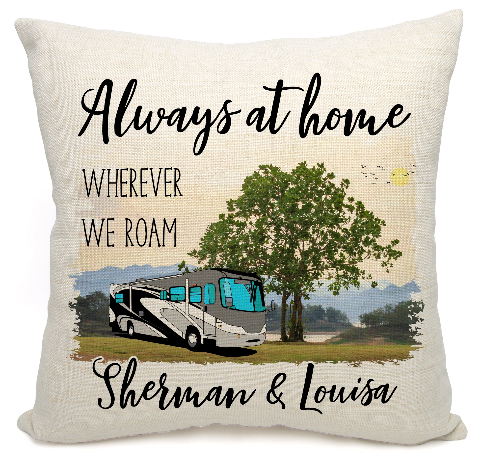 Always at Home Wherever We Roam Personalized Camping Pillow with Class A Motorhome