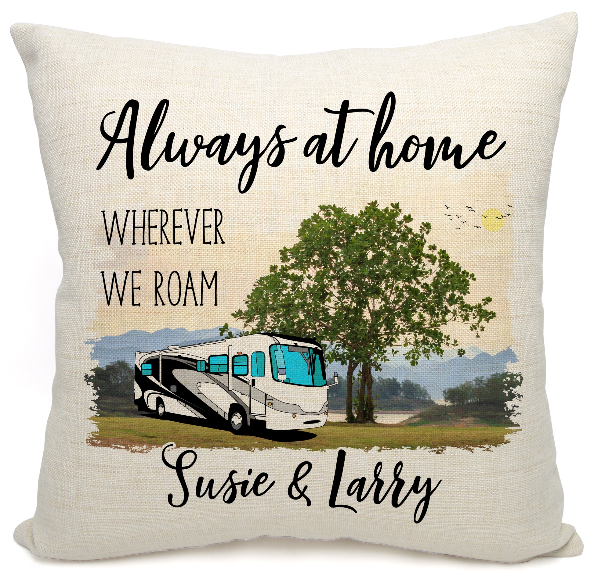 Always at Home Wherever We Roam Personalized Camping Pillow with Class A Motorhome