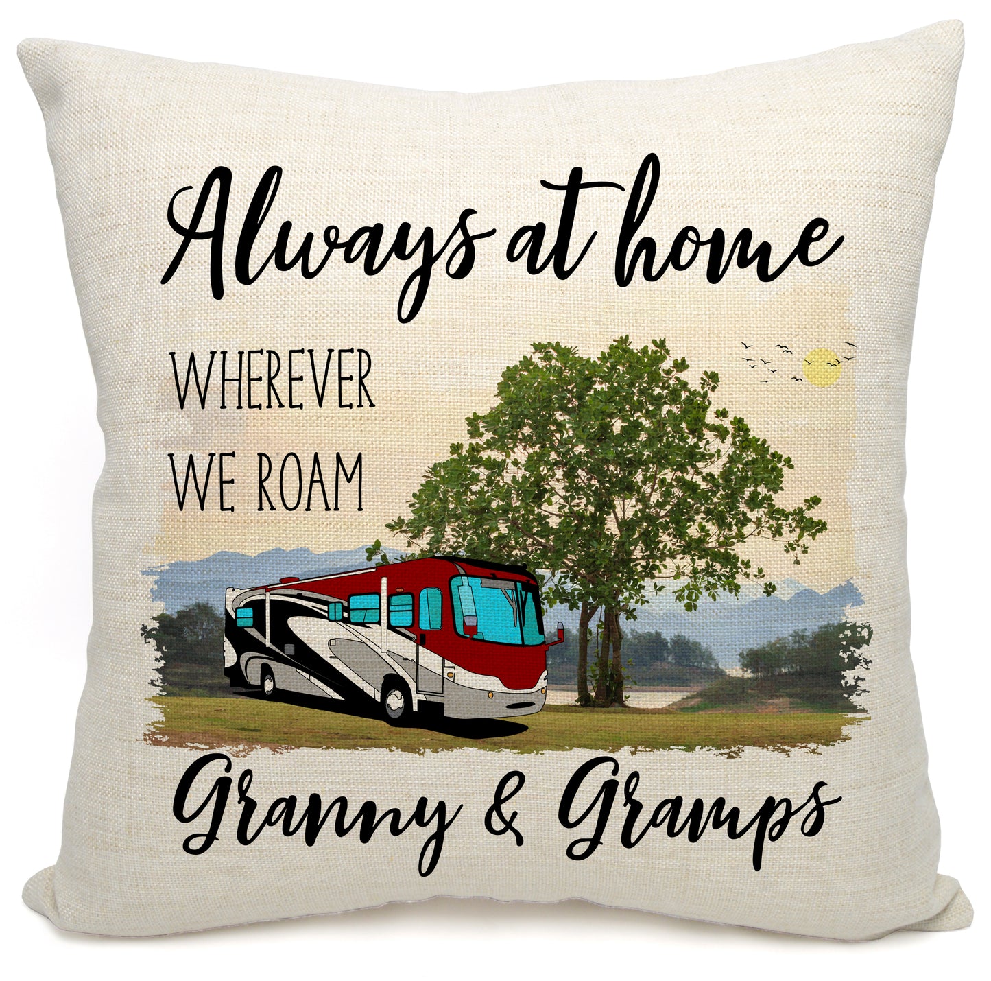 Always at Home Wherever We Roam Personalized Camping Pillow with Class A Motorhome