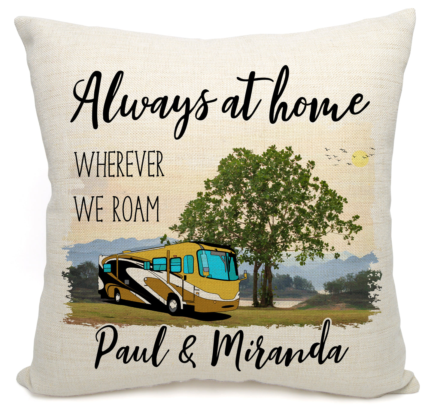 Always at Home Wherever We Roam Personalized Camping Pillow with Class A Motorhome