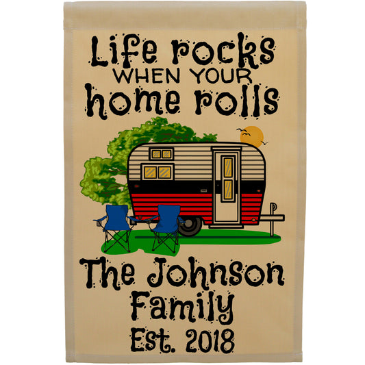 Life Rocks When Your Home Rolls Personalized Camping Flag with Travel Trailer on Tan