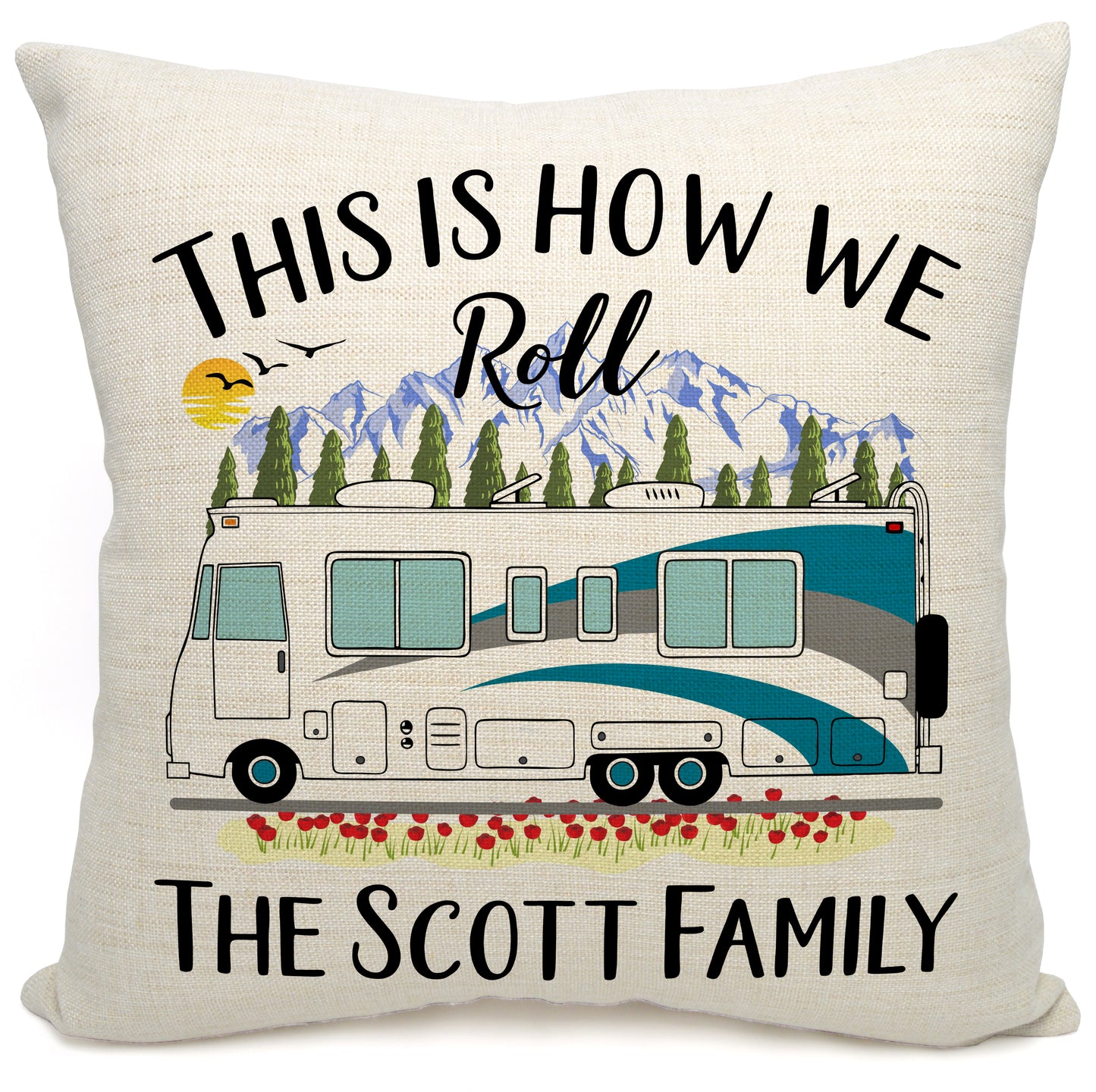 This is How We Roll Personalized Camping Pillow with Class A Motorhome