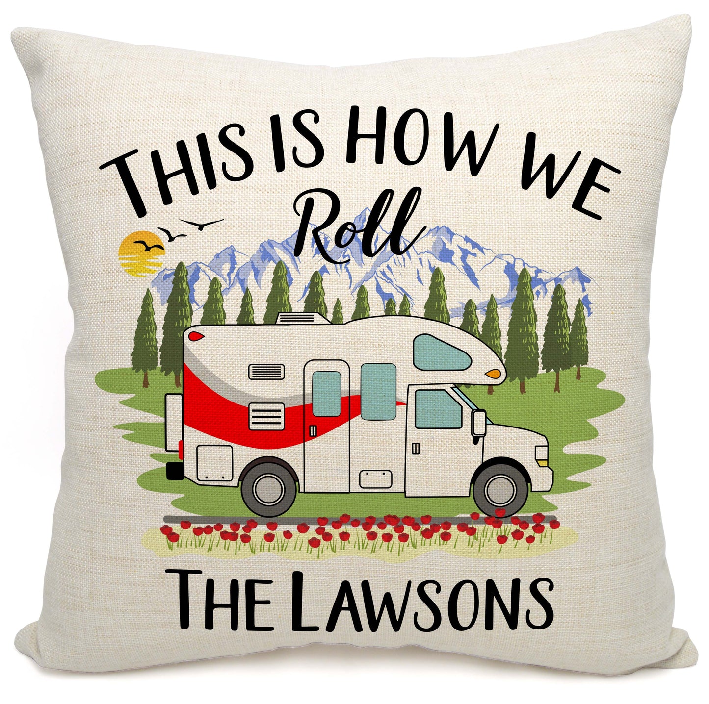 This is How We Roll Personalized Camping Pillow with Class C Motorhome
