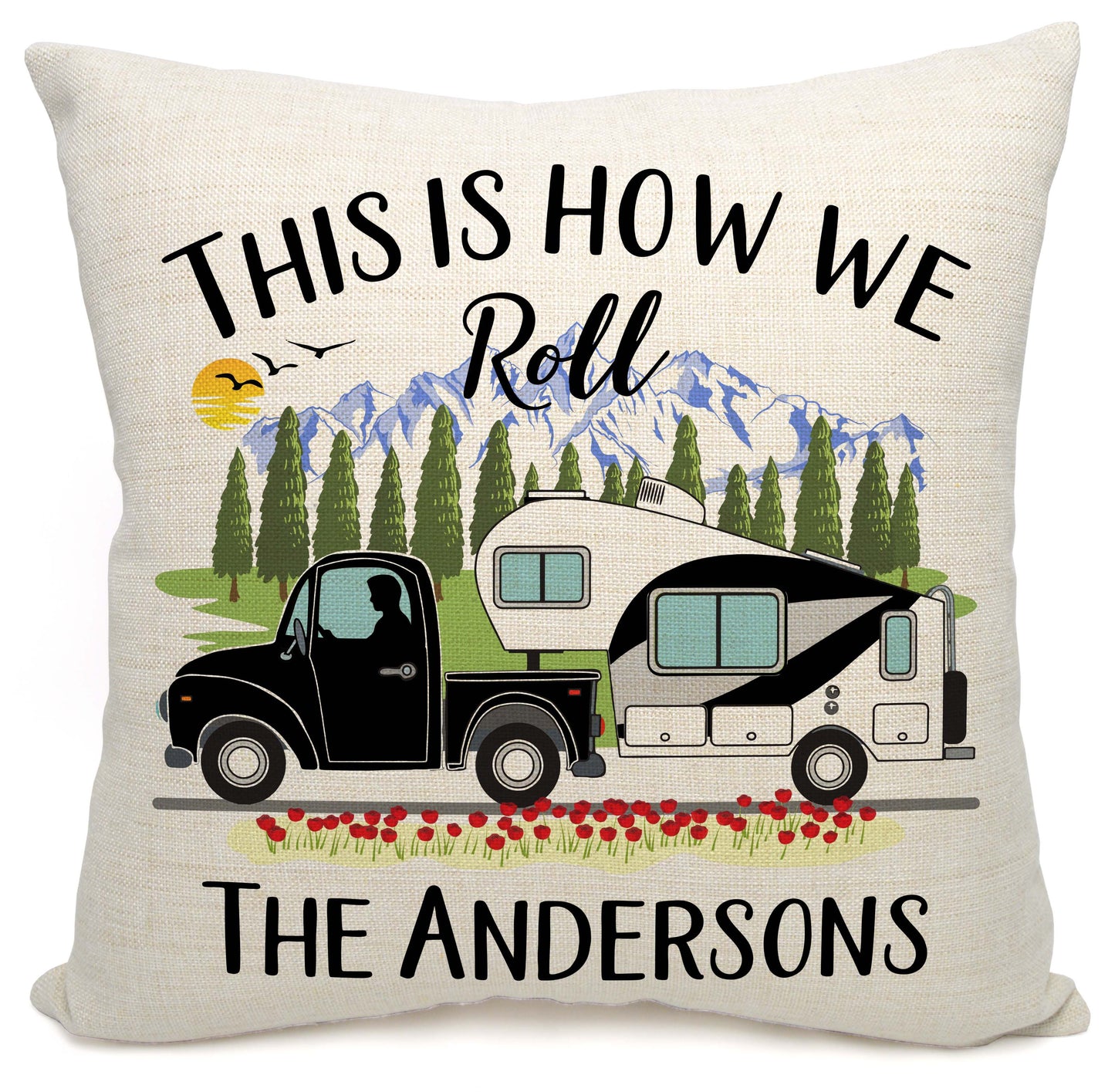 This is How We Roll Personalized Camping Pillow with Truck and 5th Wheel Trailer