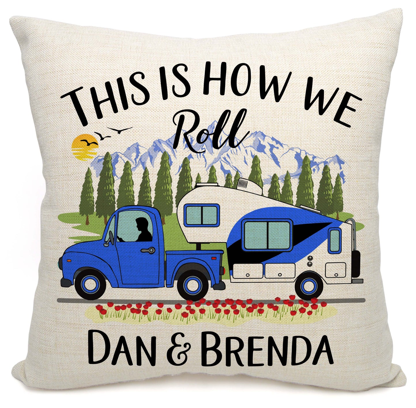 This is How We Roll Personalized Camping Pillow with Truck and 5th Wheel Trailer