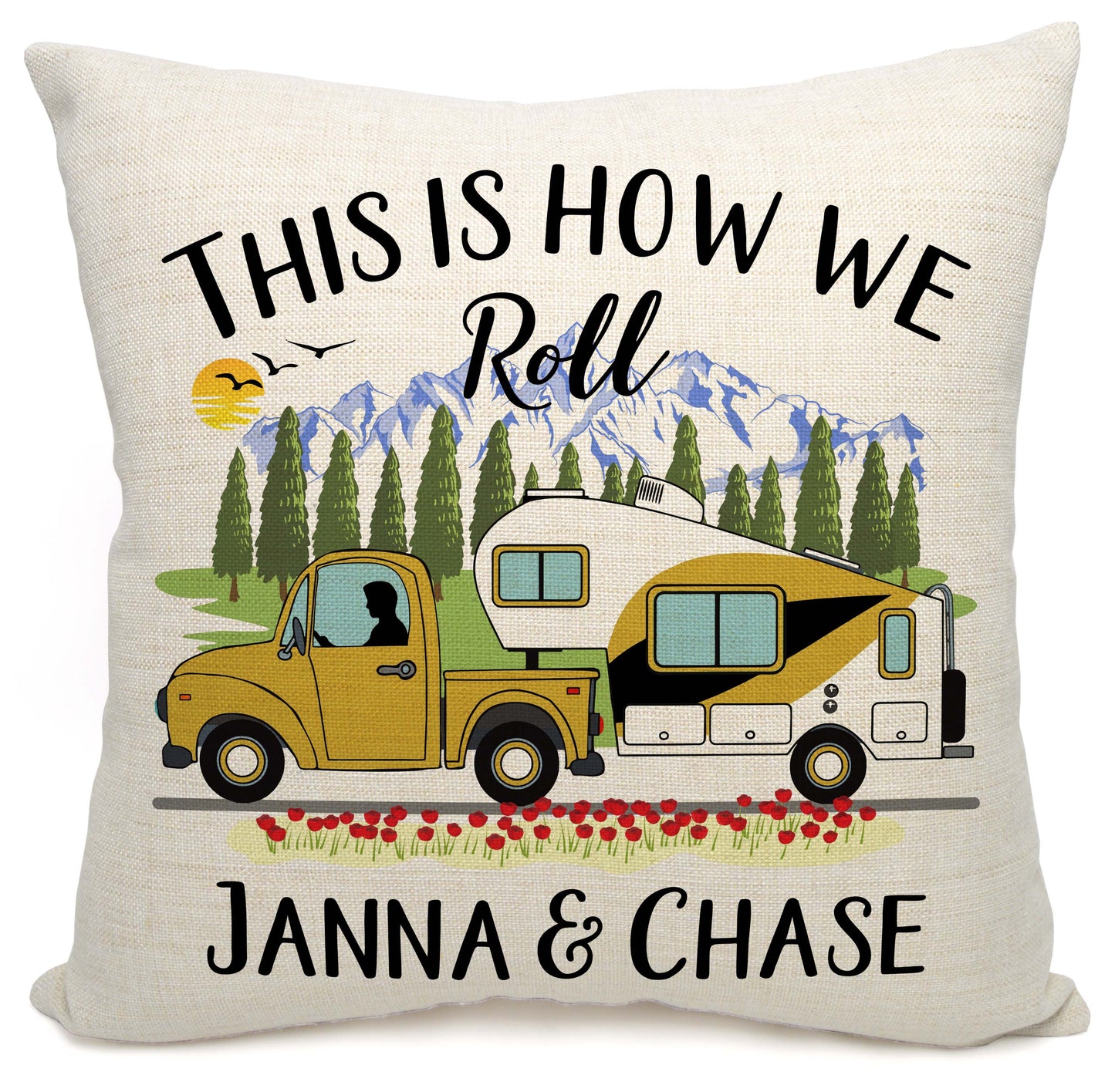 This is How We Roll Personalized Camping Pillow with Truck and 5th Wheel Trailer