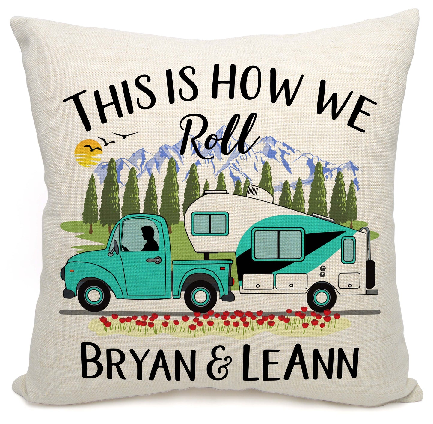 This is How We Roll Personalized Camping Pillow with Truck and 5th Wheel Trailer