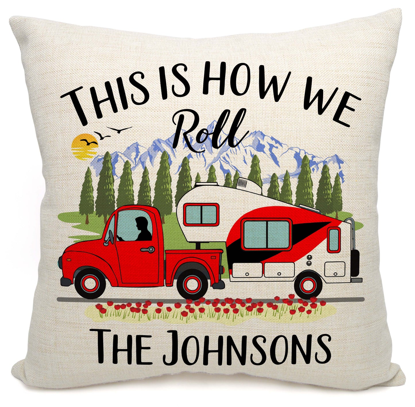 This is How We Roll Personalized Camping Pillow with Truck and 5th Wheel Trailer