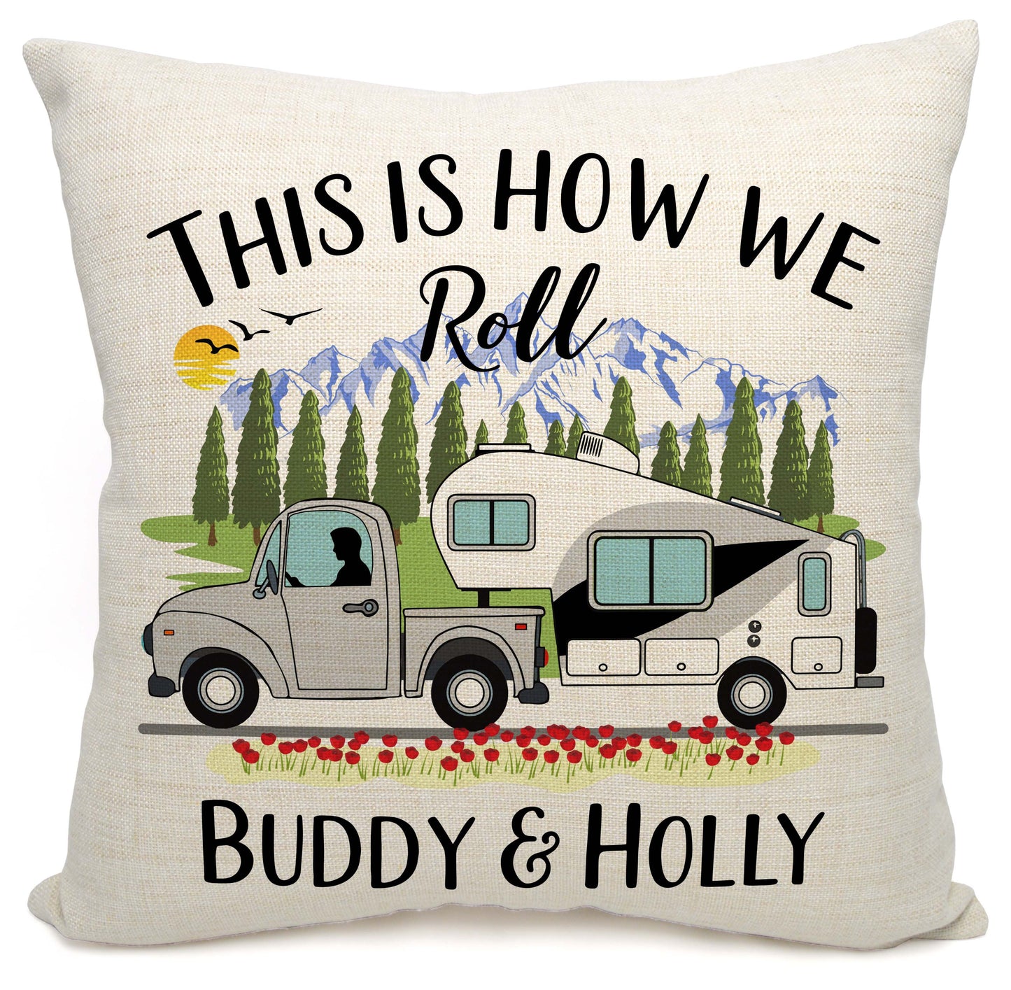 This is How We Roll Personalized Camping Pillow with Truck and 5th Wheel Trailer