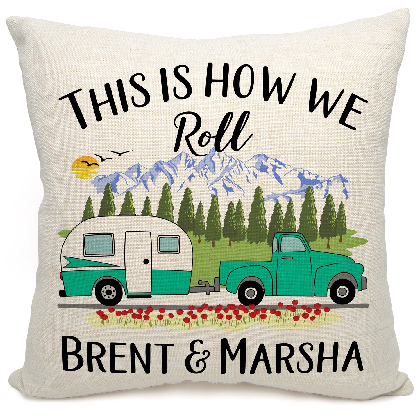 This is How We Roll Personalized Camping Pillow with Truck and Travel Trailer