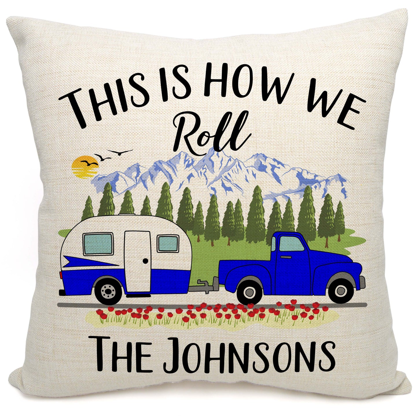 This is How We Roll Personalized Camping Pillow with Truck and Travel Trailer