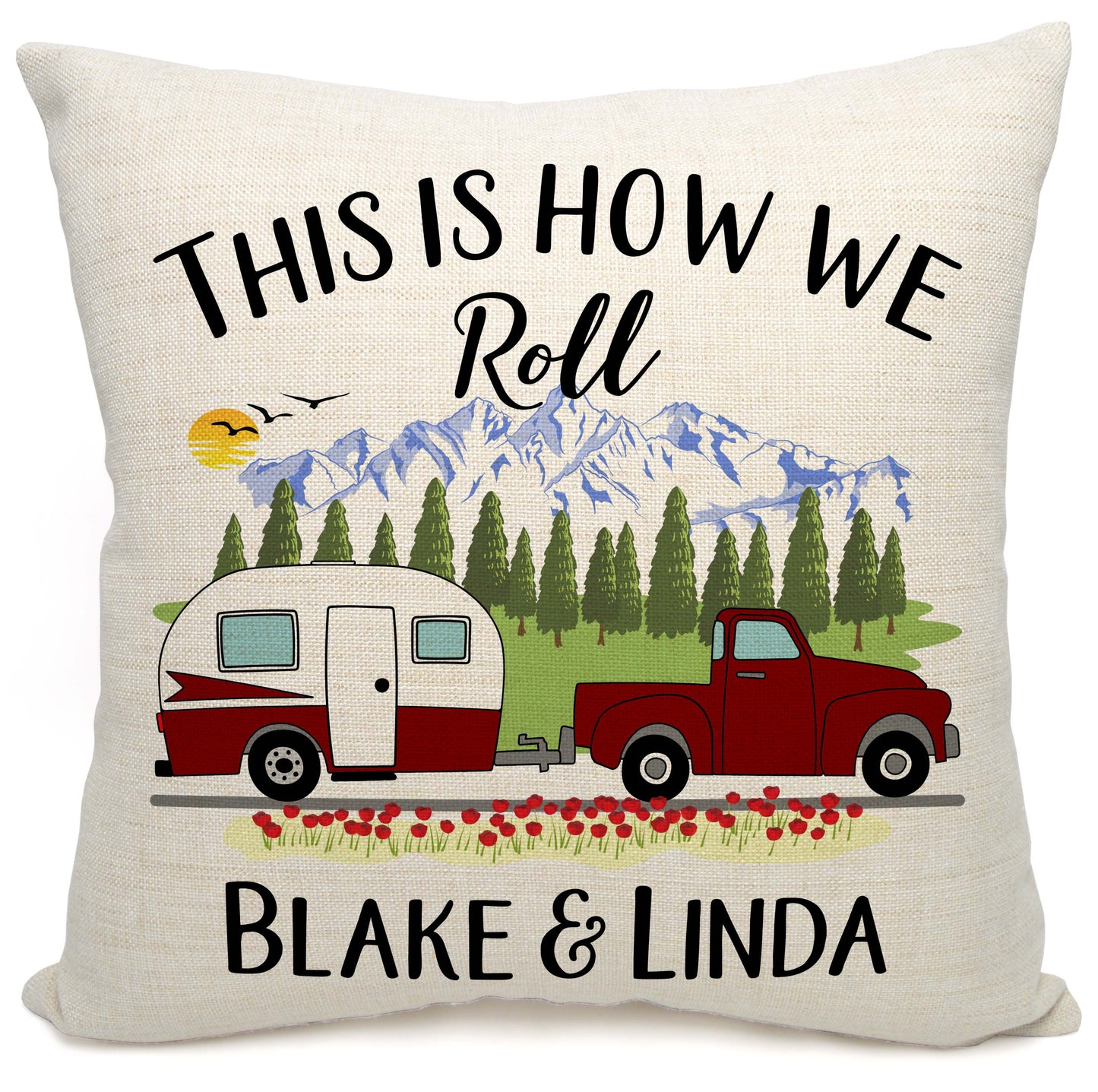 This is How We Roll Personalized Camping Pillow with Truck and Travel Trailer