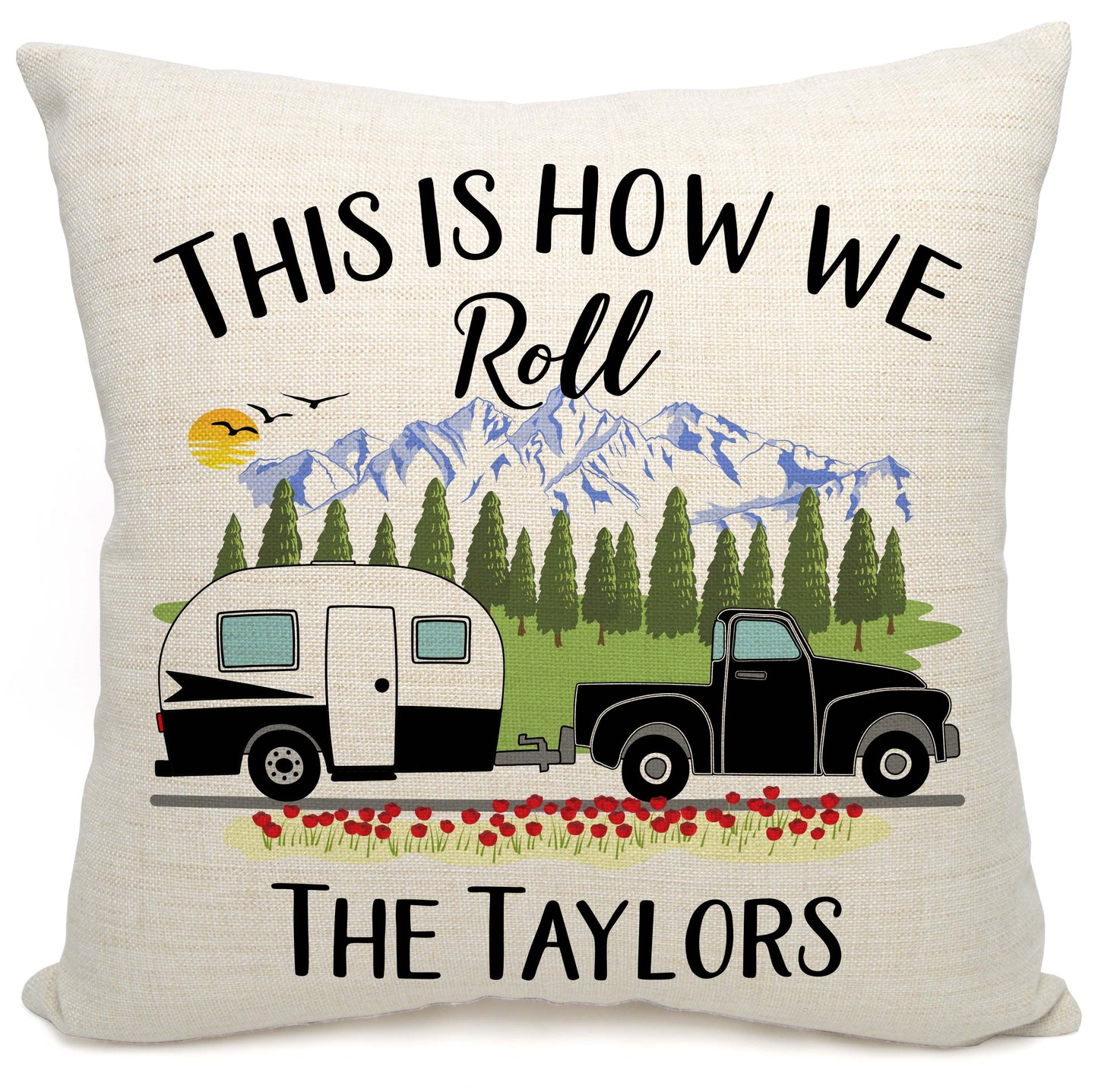 This is How We Roll Personalized Camping Pillow with Truck and Travel Trailer