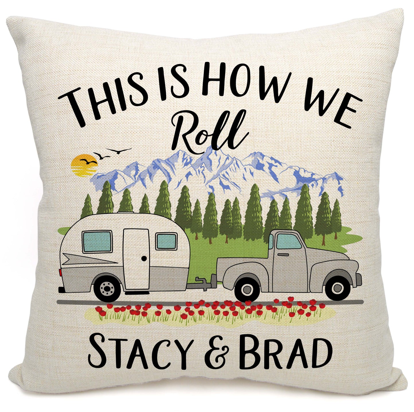 This is How We Roll Personalized Camping Pillow with Truck and Travel Trailer