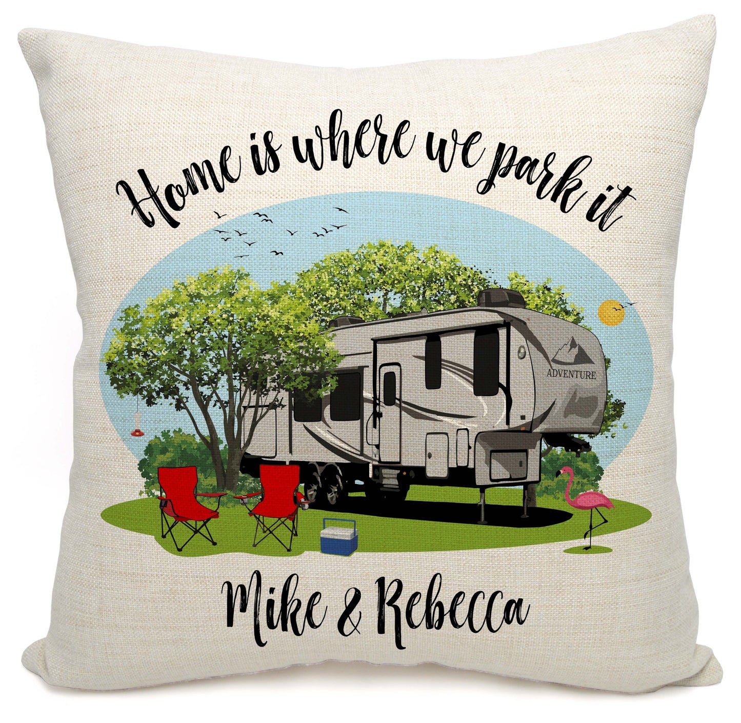 Home is Where We Park It Personalized Camping Pillow with 5th Wheel Trailer