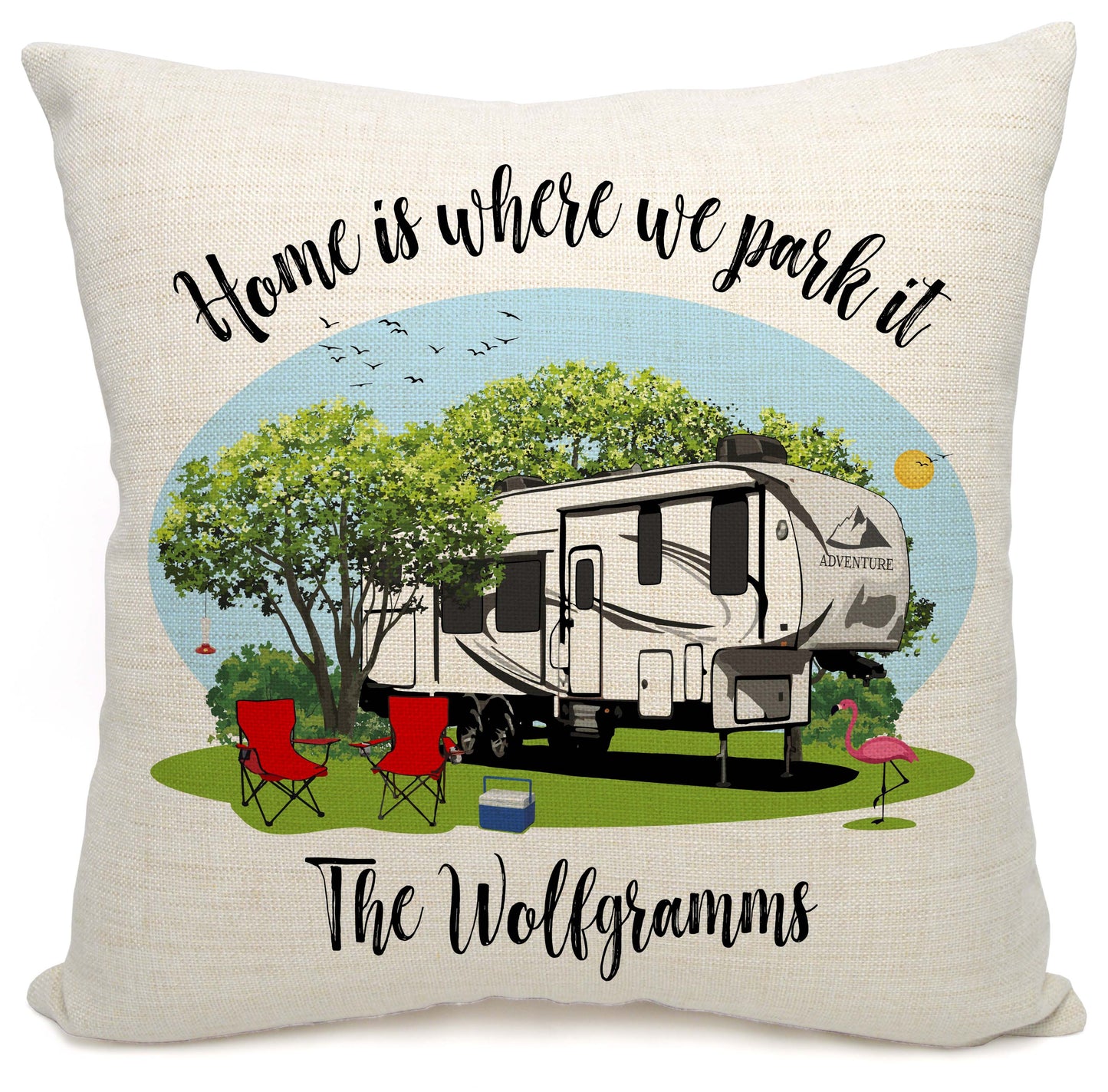 Home is Where We Park It Personalized Camping Pillow with 5th Wheel Trailer