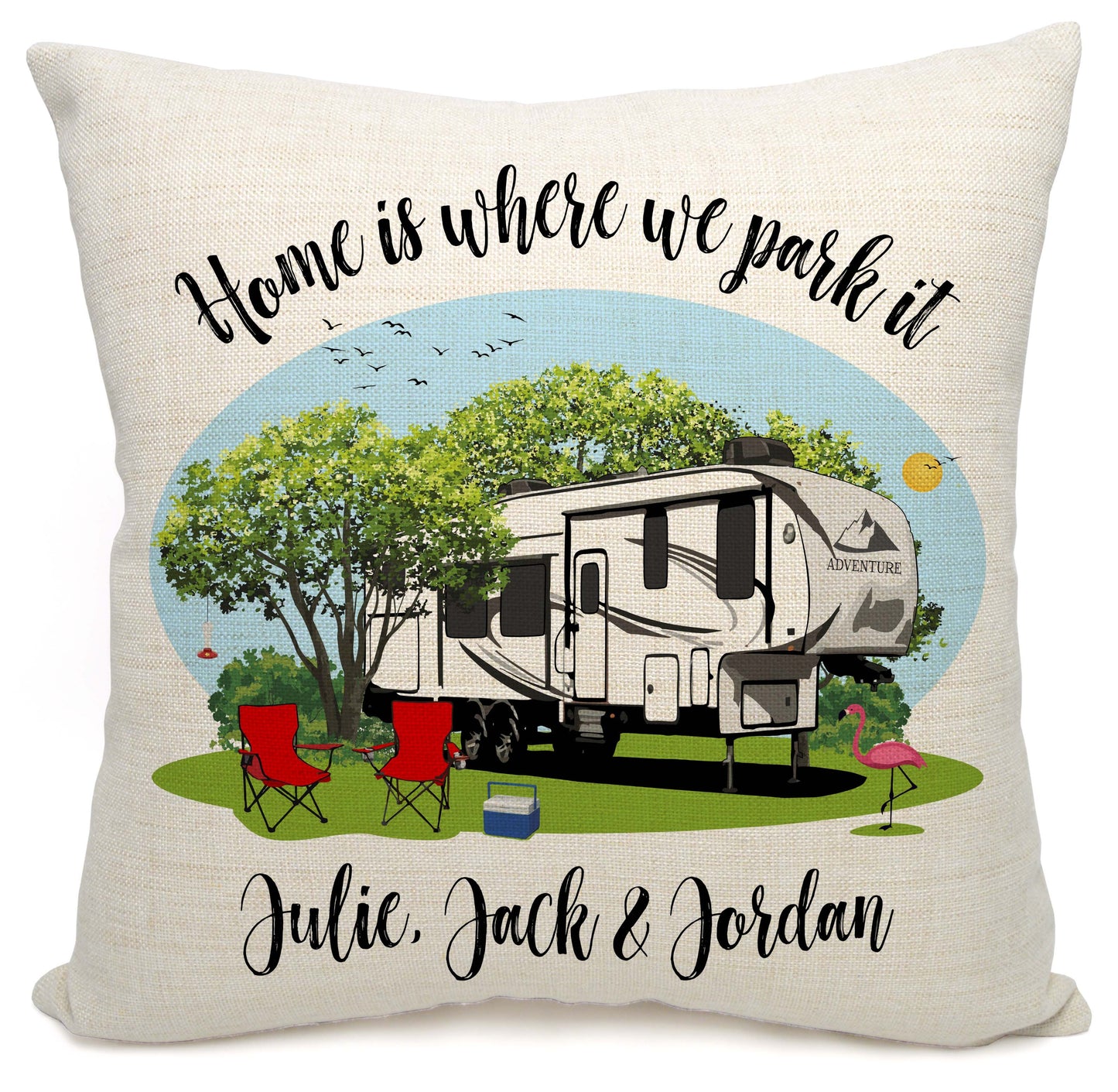 Home is Where We Park It Personalized Camping Pillow with 5th Wheel Trailer