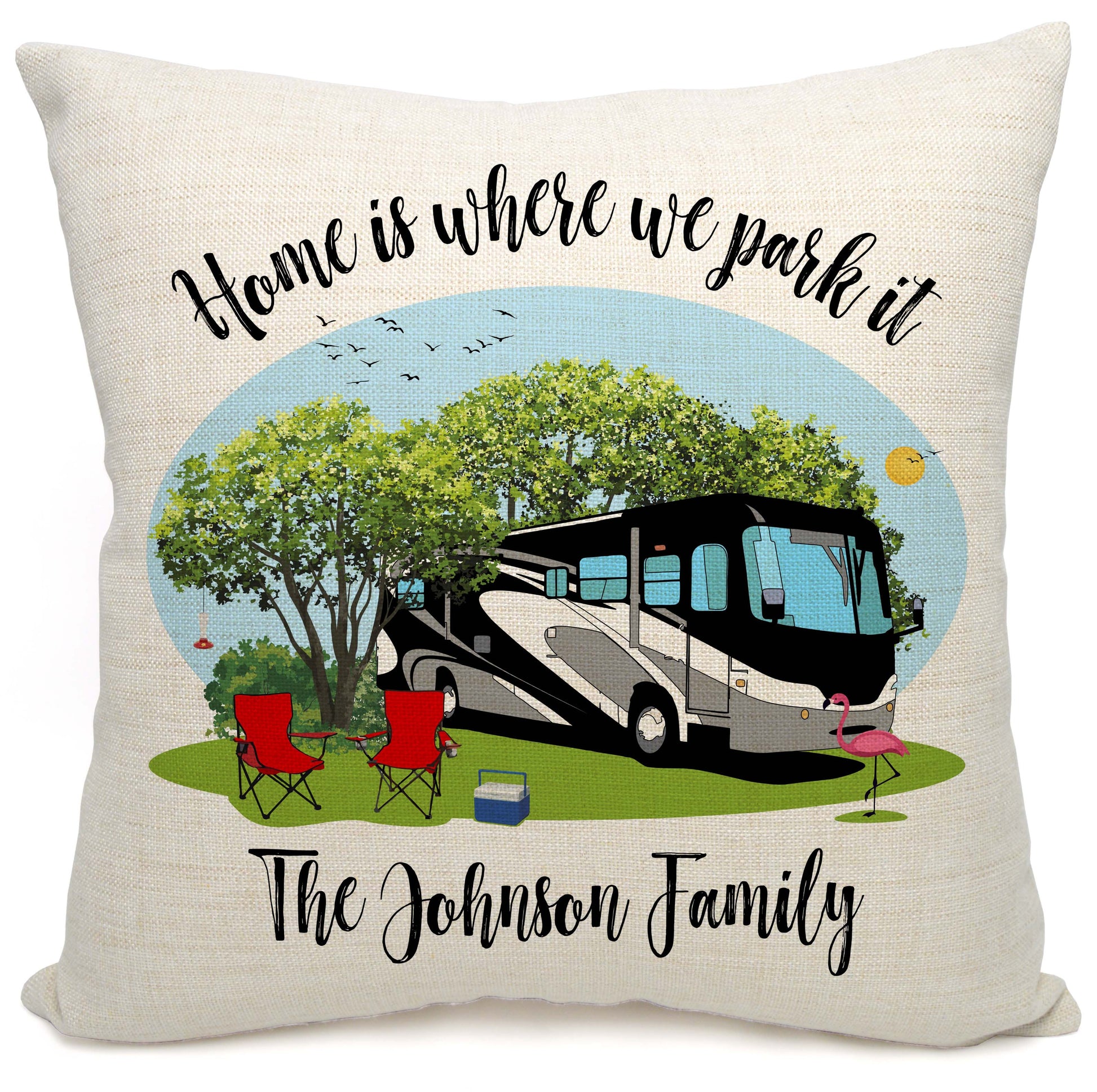 Home is Where We Park It Personalized Camping Pillow with Class A Motorhome