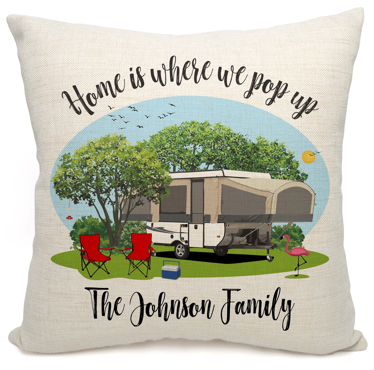 Home is Where We Pop Up Personalized Camping Pillow with Tent Trailer