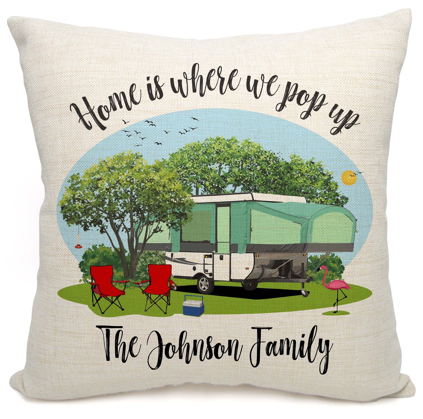 Home is Where We Pop Up Personalized Camping Pillow with Tent Trailer