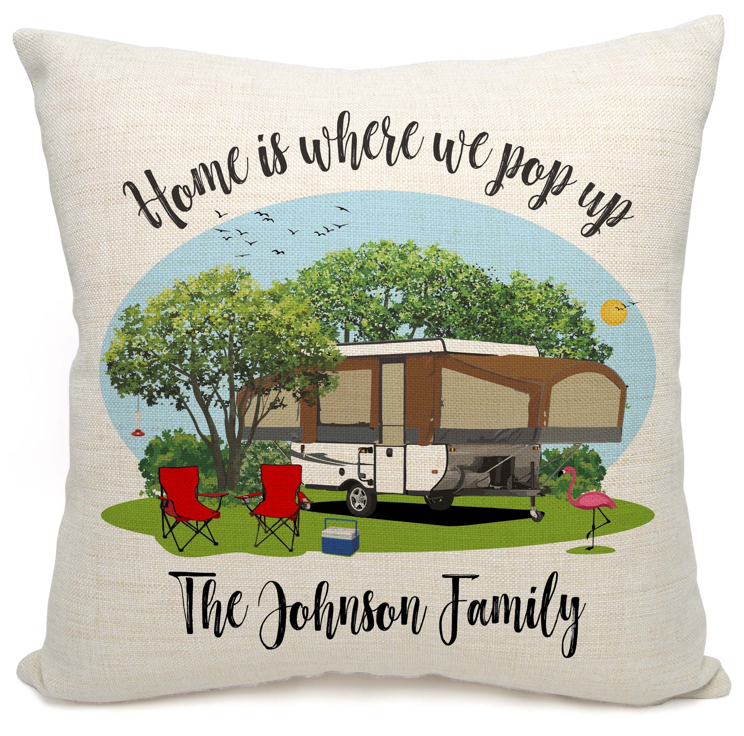 Home is Where We Pop Up Personalized Camping Pillow with Tent Trailer