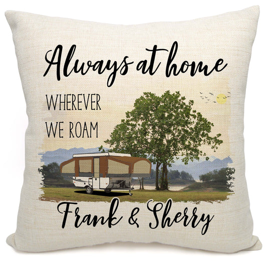 Always at Home Wherever We Roam Personalized Camping Pillow with Pop Up Trailer