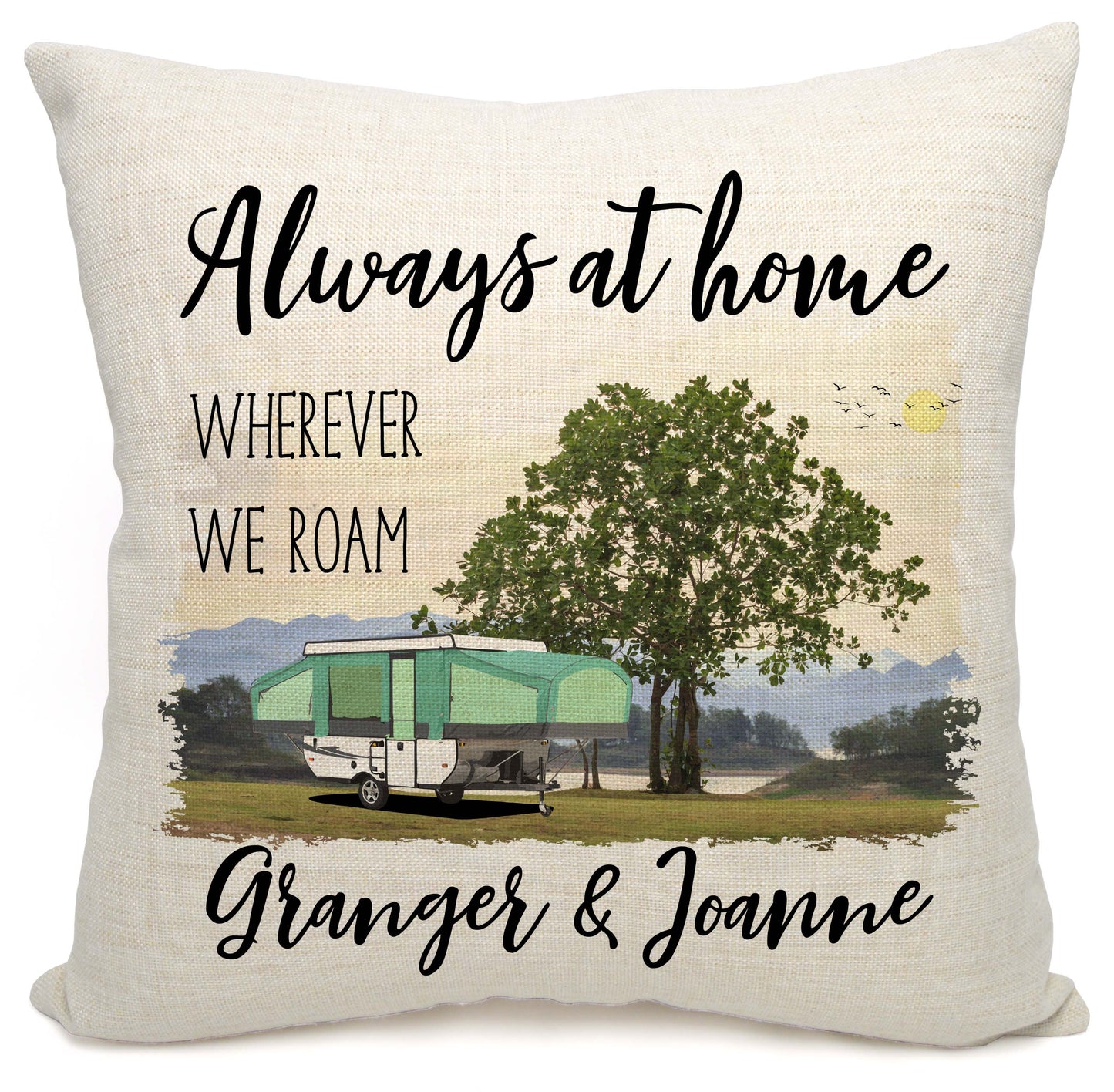 Always at Home Wherever We Roam Personalized Camping Pillow with Pop Up Trailer