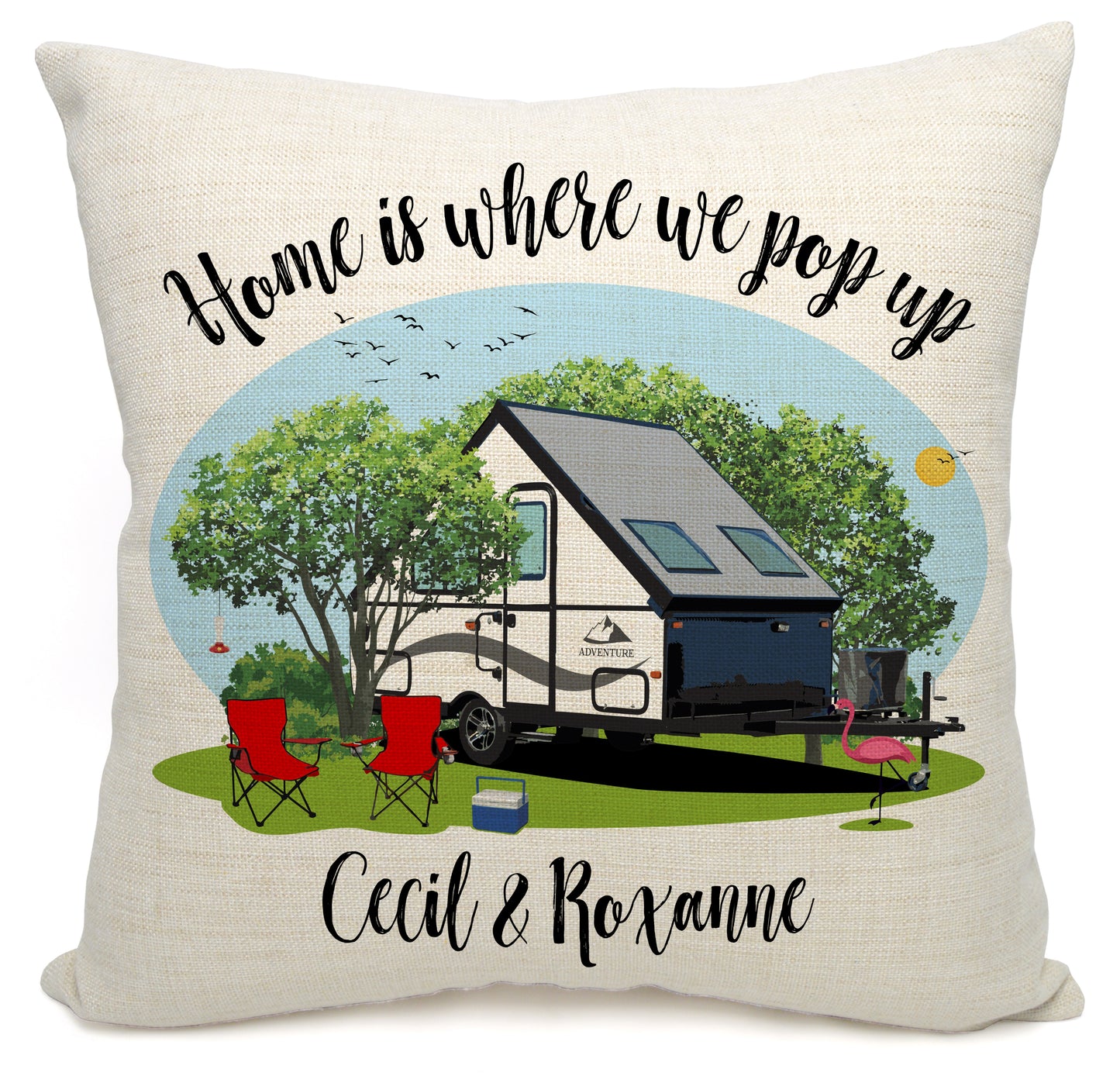 Home is Where We Pop Up Personalized Camping Pillow with Tent Trailer