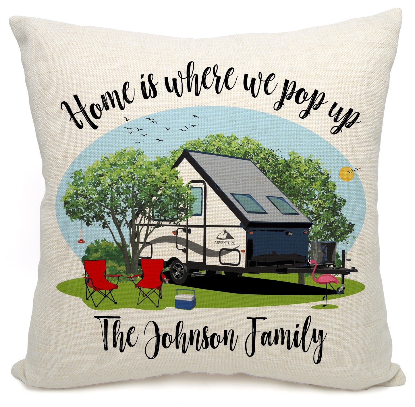 Home is Where We Pop Up Personalized Camping Pillow with Tent Trailer