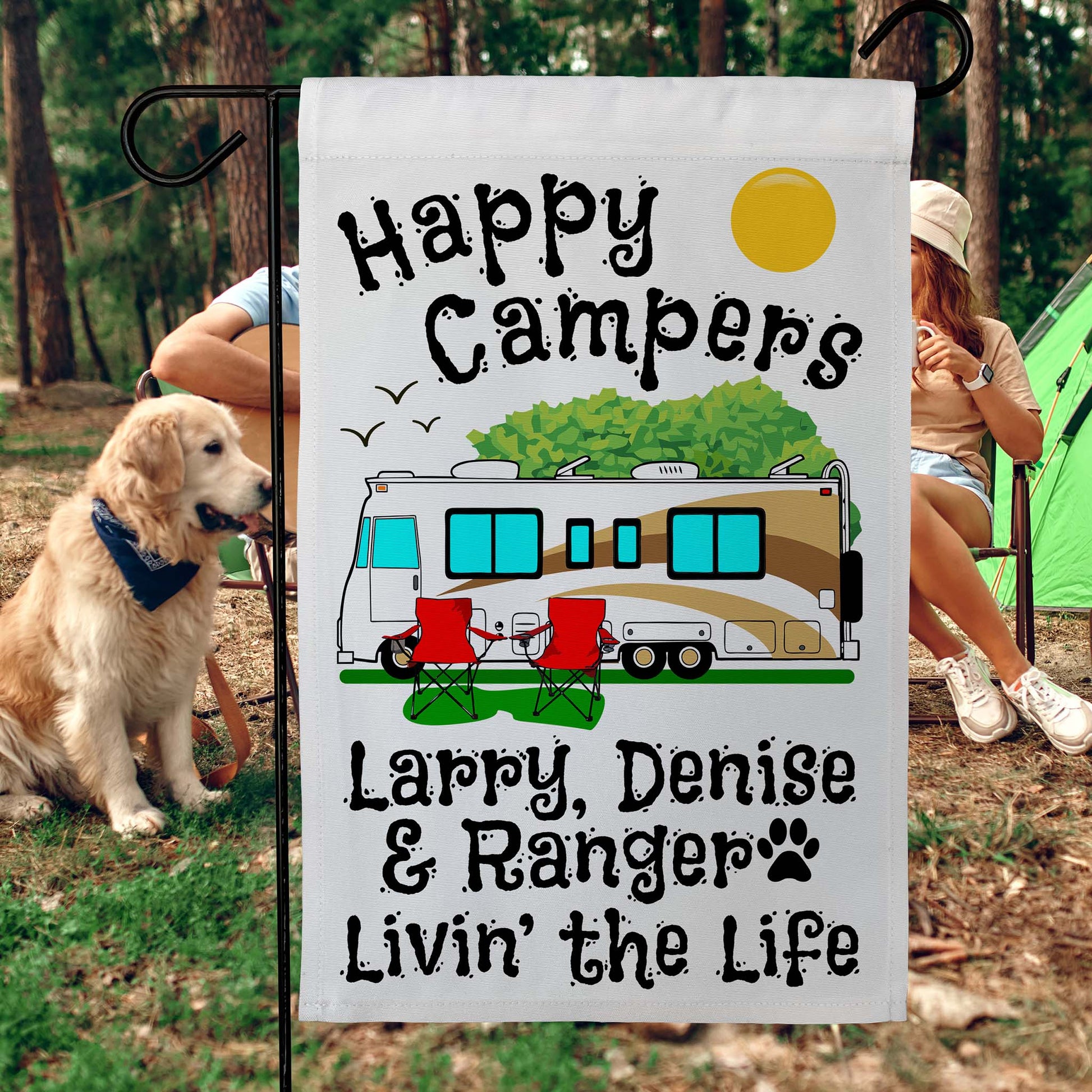 Personalized Happy Campers RV Camping Flag with Class A - White Fabric