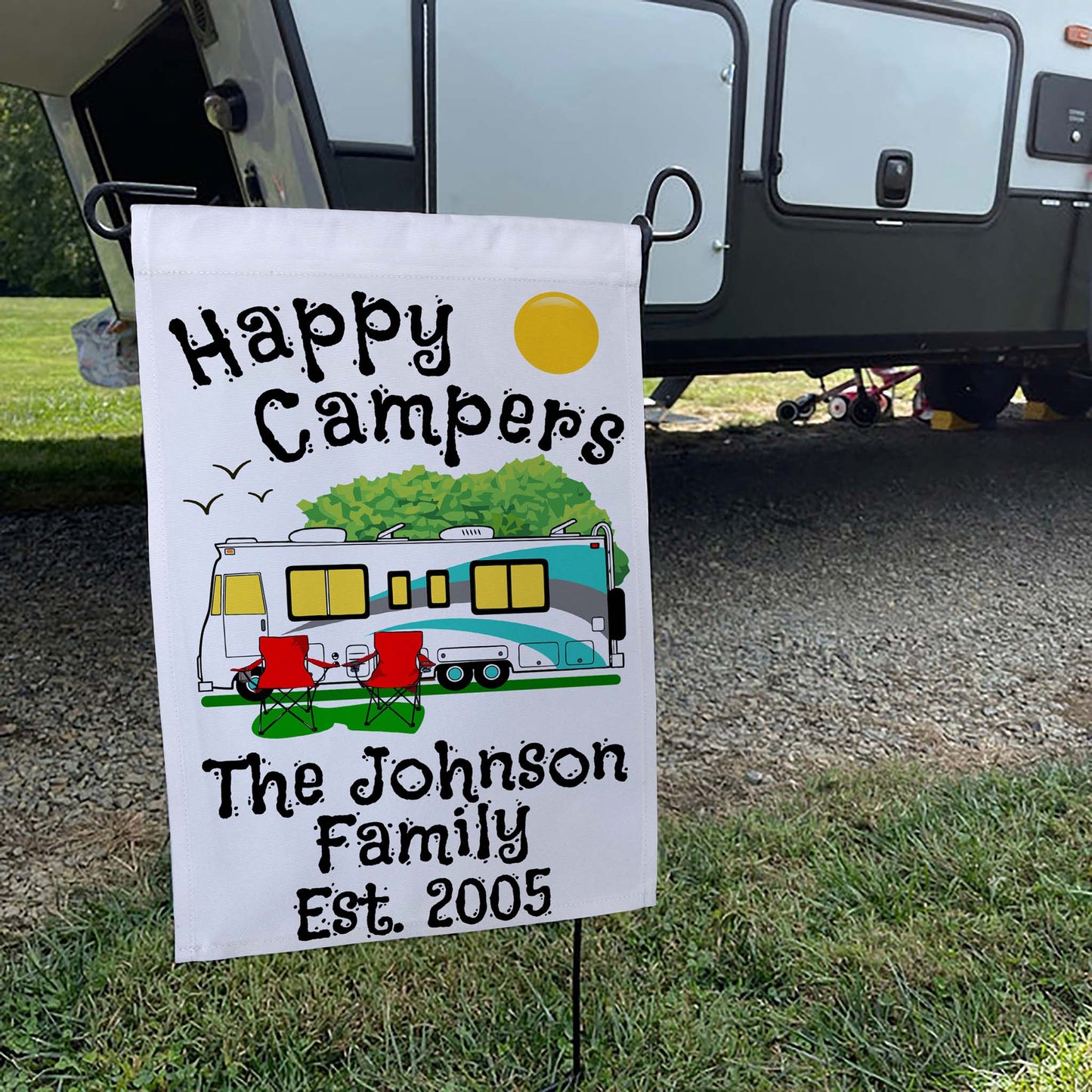 Personalized Happy Campers RV Camping Flag with Class A - White Fabric