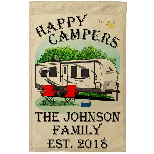 “Happy Campers” Personalized Camping Flag – Travel Trailer Design on Tan Fabric