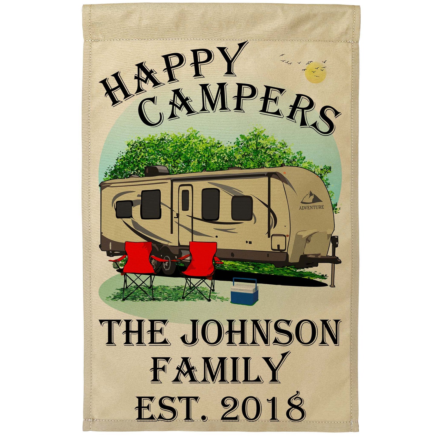 “Happy Campers” Personalized Camping Flag – Travel Trailer Design on Tan Fabric