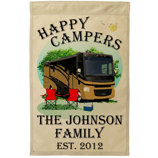 Happy Campers, Personalized Class A Motorhome Camp Flag