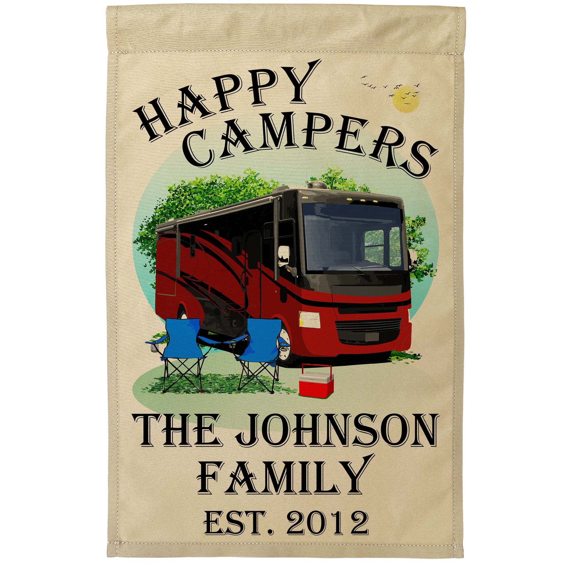 Happy Campers, Personalized Class A Motorhome Camp Flag