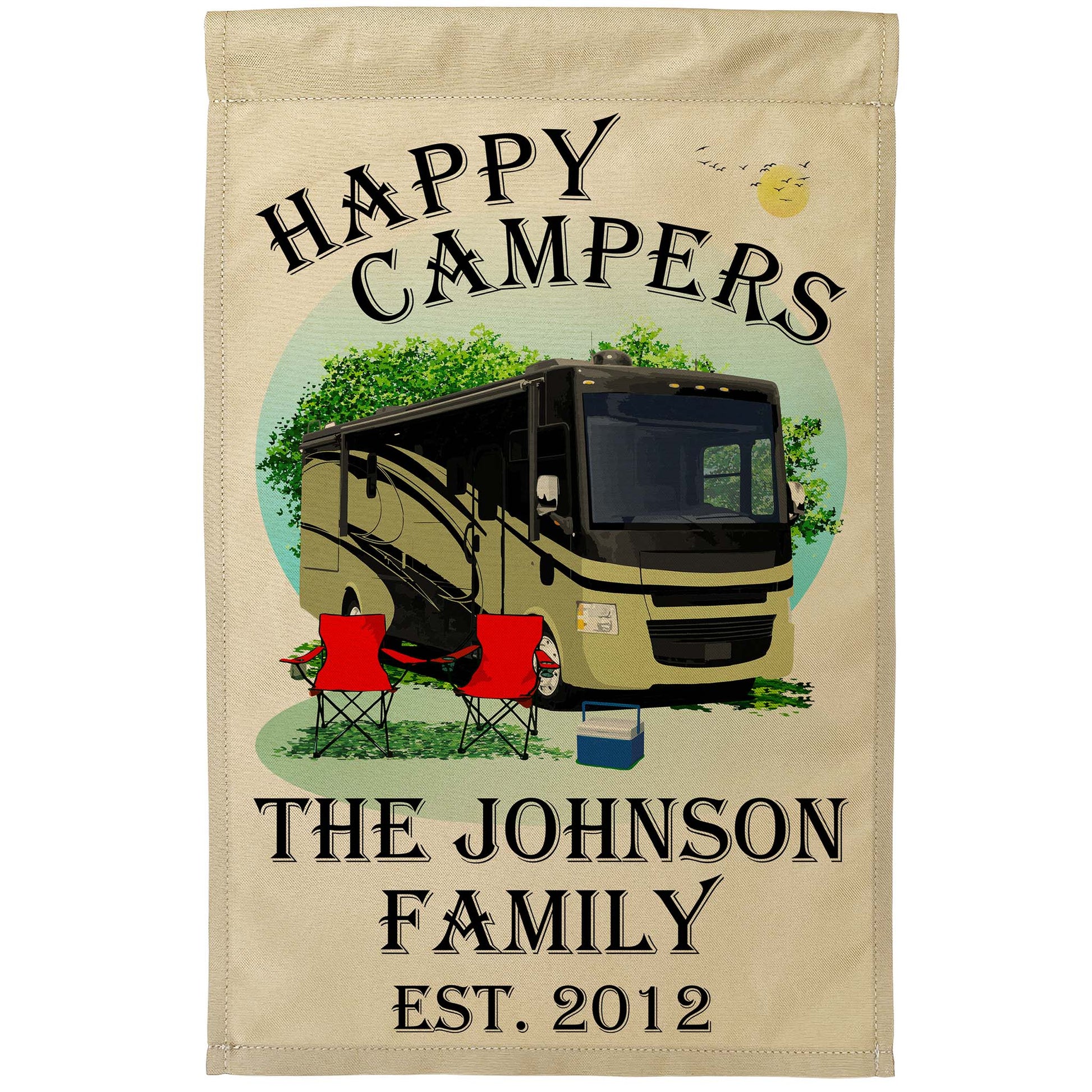 Happy Campers, Personalized Class A Motorhome Camp Flag