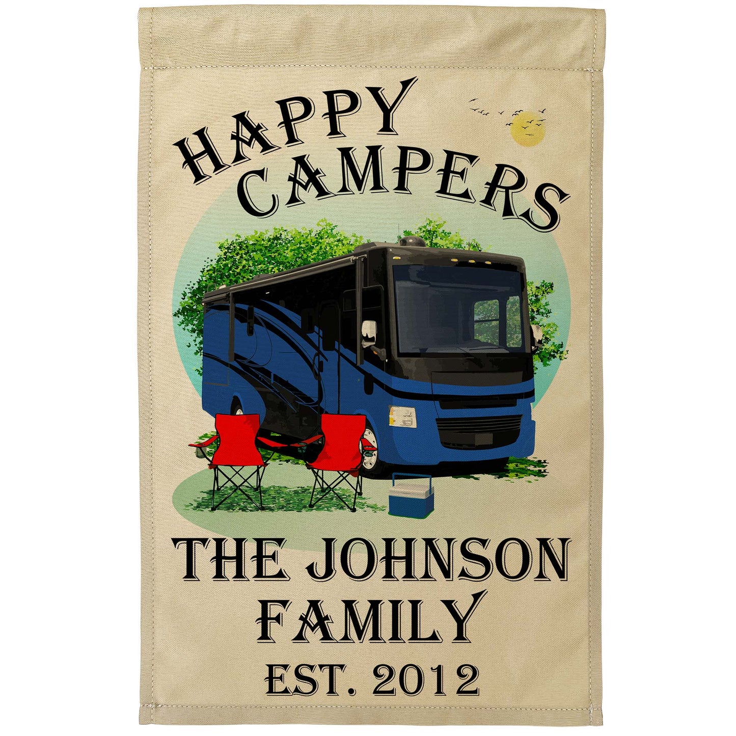 Happy Campers, Personalized Class A Motorhome Camp Flag