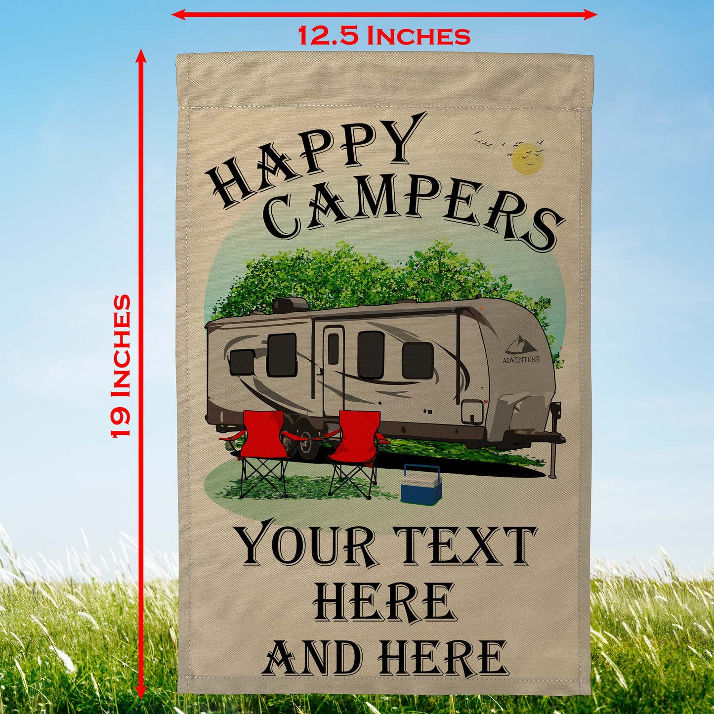 “Happy Campers” Personalized Camping Flag – Travel Trailer Design on Tan Fabric